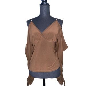 Vintage brown cold shoulder blouse with gold hardware